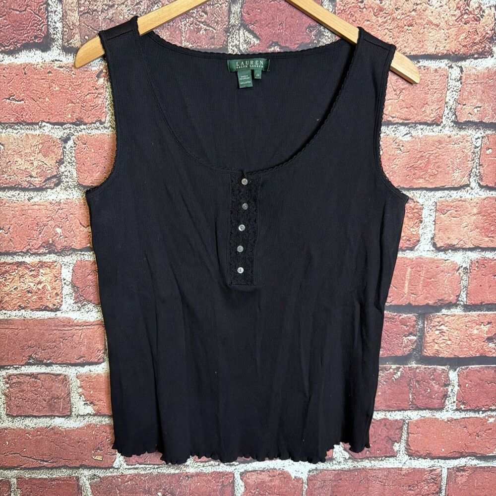 Lauren Ralph Lauren Black Ribbed Henley Tank Top Lace Trim Lettuce Hem 2X